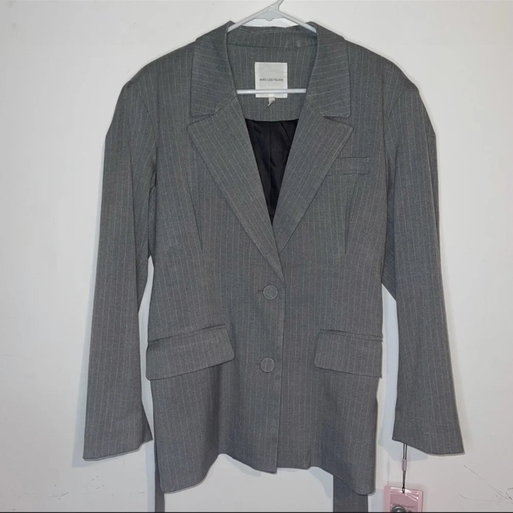Avec Les Filles Belted Grey Pinstripe Blazer Jacket - Picture 6 of 14